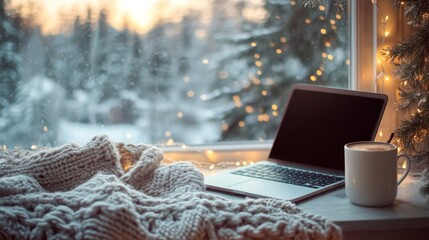 Poster - A warm, inviting workspace is set beside a window adorned with twinkling lights, showcasing a laptop and a steaming cup.