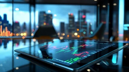 Poster - Analyzing stock market trends on a tablet in a modern office with city lights at dusk