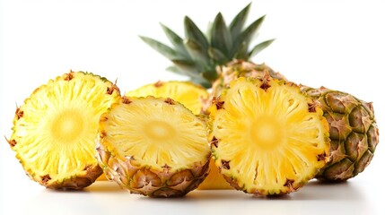 Group of pineapples with slices and peels, isolated on a pure white background, capturing their fruity and exotic nature