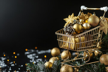 Close up. Supermarket trolley with golden balls, festive decor against black Christmas backdrop. Miniature shopping cart. Copy Space. Season sale. Online shopping. Winter holiday, New Year Celebration