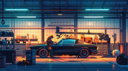 Poster - A mechanic inspects the undercarriage of a vintage car raised on a hoist in a bright, organized garage equipped with tools. Generative AI