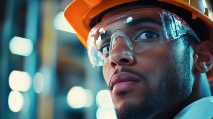 Aufkleber - A construction worker attentively monitors the work site, equipped with safety glasses and a hard hat for protection. Generative AI
