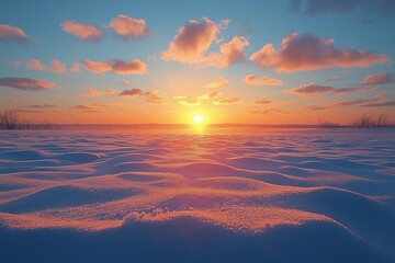 Poster - Sunset Over a Snowy Field with Rippled Snow