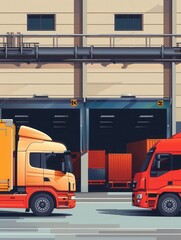 Poster - Several trucks and vans are parked outside a warehouse, waiting to be loaded with goods for distribution. Generative AI
