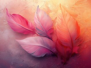 Poster - Four Pink and Orange Feathers on a Textured Background