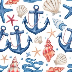 Poster - This vibrant design showcases blue anchors, various seashells, and starfish arranged delightfully on a white backdrop. Generative AI