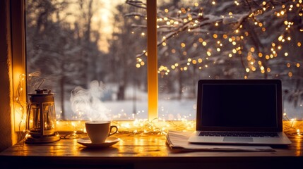 Poster - A warm workspace is set near a window showcasing a winter landscape. A steaming cup rests beside a laptop, while twinkling fairy lights add a cozy touch against the snowy backdrop at sunset.