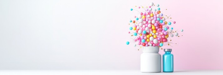 Wall Mural - Colorful pills and tablets explode like fireworks from medicine bottles, representing health, wellness, and the pharmaceutical industry, against a soft pastel background.