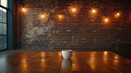 Aufkleber - A steaming cup of coffee sits alone on a wooden table in a cozy industrial room. Exposed brick walls and warm light bulbs create a welcoming atmosphere perfect for relaxation or work.
