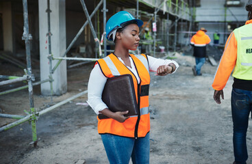 Poster - Watch, woman or architecture with construction site, time schedule and deadline with safety, vest and project management. Employees, inspector and engineering with consultant, industry or real estate