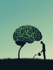 Aufkleber - A silhouette of a man waters a tree resembling a brain, representing the nurturing of intellect and creativity at twilight. Generative AI