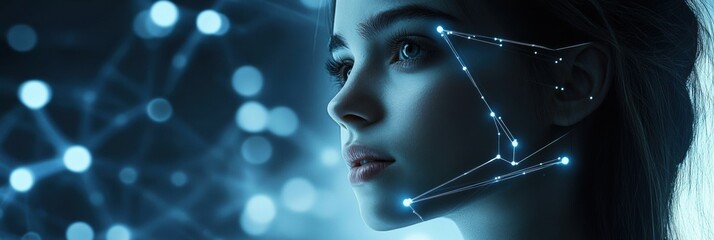 Fototapete - A beautiful young woman is depicted against a backdrop of 3D networks and flowing data, exuding a sense of curiosity and intelligence. Generative AI