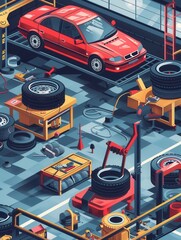Poster - A red car is lifted and tires are being changed in a busy automotive workshop filled with tools and machinery. Generative AI