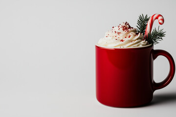 Festive holiday drink in a red mug, garnished with whipped cream, red sprinkles, a candy cane, and a touch of pine