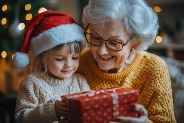 Happy grandmother celebrating Christmas with her joyful grandchild by the decorated tree