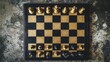 © Alwis - An elegant chessboard setup with pieces in mid-game, Chess pieces and board arranged meticulously, Intellectual minimalist style
