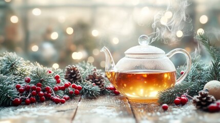 Aufkleber - A clear teapot filled with golden tea sits on a wooden table, surrounded by pine branches, red berries, and pine cones.