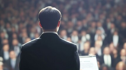 Poster - Executive presents strategy to audience in expansive, modern conference hall
