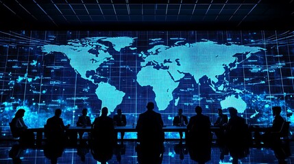 Poster - A business executive leading a strategy meeting in a boardroom with a large world map