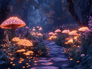 Poster - Glowing Mushroom Pathway in a Magical Forest
