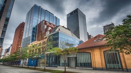 Aufkleber - A modern hdr photograph of a vibrant cityscape with striking architectural designs and urban landscapes under dramatic skies