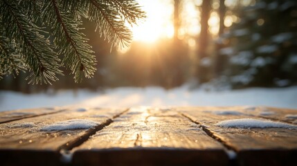 Poster - sunlight gently filters through the trees, illuminating a rustic wooden table covered in light snowf