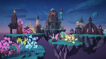 Poster - Explore an asurrealfantasy environment with floating islands lush flora and enchanting structures at twilight