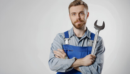 Wall Mural - Portrait of professional auto mechanic with lug wrench on white background