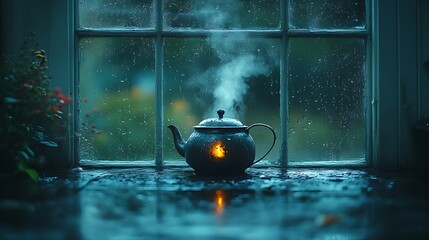 A steaming teapot sits on a windowsill with rain falling outside.