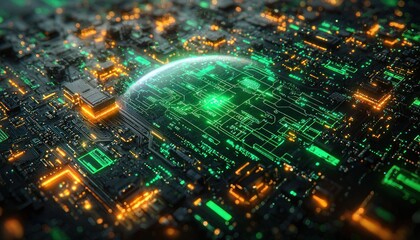 Poster - A Close-Up of a Circuit Board with Glowing Green and Orange Lines