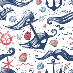 Poster - This lively design showcases anchors, seashells, and waves in a playful arrangement, ideal for coastal-inspired projects. Generative AI
