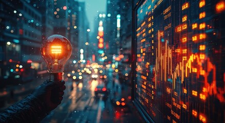 Aufkleber - Illuminated Light Bulb Held in Hand Against a Cityscape and Stock Ticker