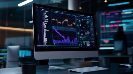 Poster - A detailed display of stock market trends on a modern computer screen in a futuristic trading room at night