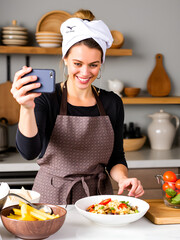 Nutritionist woman preparing recipe taking a pic