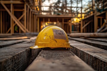 Yellow hard hat on wooden beams at a construction site.