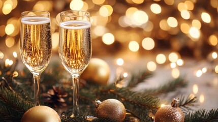 Aufkleber - Two glasses of champagne are on a table with Christmas lights, ornaments, and a sprig of pine.
