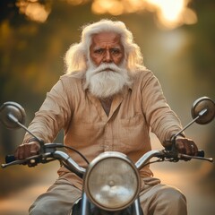 A serious elderly man with a long white beard riding a vintage motorcycle through a sunlit road.