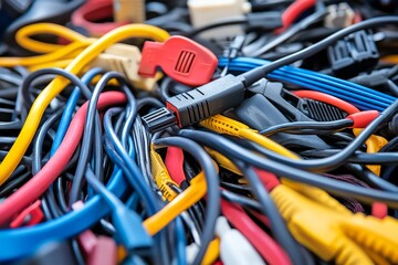 Several twisted pair cables are intertwined within a braid of coloured wires on a white background