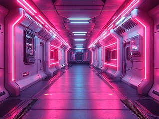Poster - Futuristic Neon Lit Hallway in a Spaceship