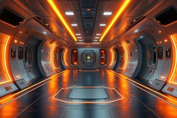 Poster - Futuristic Spaceship Corridor with Orange Lights