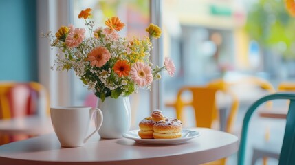 A cheerful caf?(C) scene with colorful pastries and fresh flowers on the table, creating an inviting atmosphere.