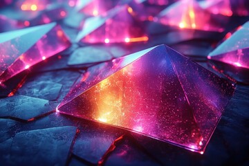 Poster - A Single Illuminated Pink Pyramid Among Many
