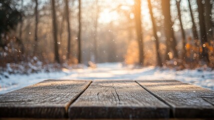 Poster - The forest captures a tranquil winter morning, where soft sunlight shines through tall trees dusted with snow. A rustic wooden platform stands in the foreground, inviting peaceful contemplation.
