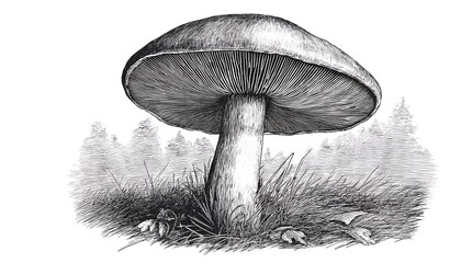 Hand drawn engraving of a single tall-stemmed mushroom with a textured cap growing in a grassy landscape. Generative AI