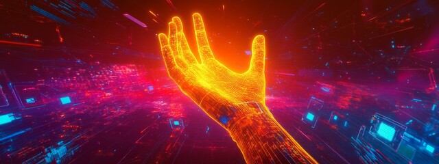 Poster - Machine deep learning, data mining, and other modern computer technologies UI by hand touching CPU icons.