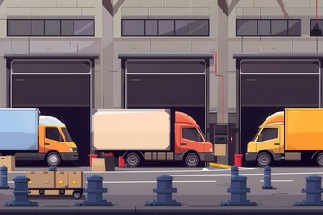 Poster - Several trucks and vans await their turn at the warehouse, preparing for loading and unloading of goods in broad daylight. Generative AI
