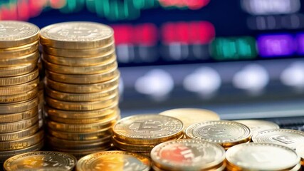 Poster - Stacks of coins resting on a surface with digital financial graphs in the background
