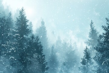 Poster - Tall pine trees blanket the forest in fresh snow as soft flakes cascade gently through the air, creating a tranquil winter atmosphere. Generative AI