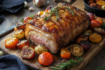 Roast pork belly with crispy crackling served with roasted vegetables on a wooden board for a gourmet dining experience