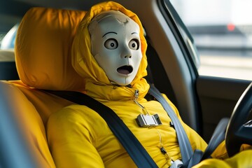 scared crash test dummy seated in a car simulating safety scenarios in engineering testing environme
